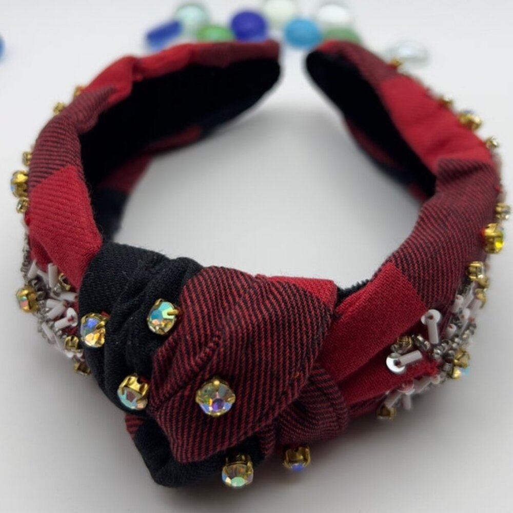 Festive Red Plaid Handmade Knotted Jeweled Headband with Silver Beaded Snowflake